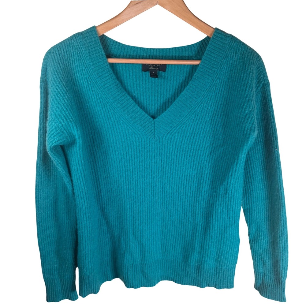 Charter Club Cashmere‎ Sweater Womens Sm Kelly Green V-Neck Ribbed Knit Classic